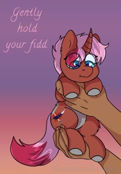 Size: 1139x1639 | Tagged: safe, artist:bluemoon, derpibooru import, oc, oc:heartstring fiddler, pony, commission, gripping, hand, holding a pony, pink mane, ych result