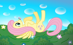 Size: 1920x1200 | Tagged: safe, alternate version, artist:mfg637, derpibooru exclusive, derpibooru import, fluttershy, butterfly, pony, .svg available, butterfly on nose, female, insect on nose, lying down, mare, solo, svg, vector, wallpaper