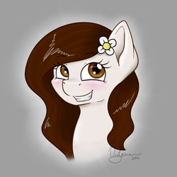Size: 1000x1000 | Tagged: safe, artist:violyre, derpibooru import, oc, oc only, pony, blushing, bust, female, flower, flower in hair, simple background, smiling, solo