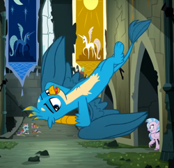 Size: 718x694 | Tagged: safe, derpibooru import, screencap, gallus, ocellus, princess celestia, princess luna, silverstream, yona, alicorn, changedling, changeling, classical hippogriff, griffon, hippogriff, yak, school daze, arm behind head, cropped, flying, looking at you, male, solo focus