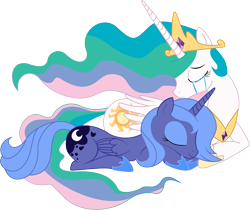 Size: 6590x5530 | Tagged: safe, artist:risingmoondragon, artist:walliscolours, derpibooru import, princess celestia, princess luna, alicorn, pony, crying, duo, eyes closed, female, lying down, prone, s1 luna, simple background, transparent background