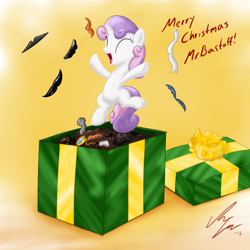 Size: 1200x1200 | Tagged: safe, artist:sameasusual, derpibooru import, sweetie belle, pony, unicorn, christmas, fake moustache, female, holiday, present, solo