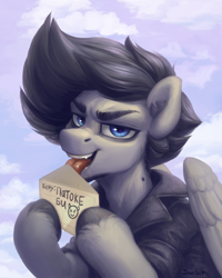 Size: 1600x2000 | Tagged: safe, alternate version, artist:jewellier, derpibooru import, oc, pegasus, pony, cloud, cloudy, envelope, letter, licking, looking at you, male, open mouth, pegasus oc, solo, stallion, tongue, tongue out, translated in the description