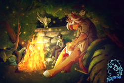 Size: 3600x2400 | Tagged: safe, artist:skylleon, derpibooru import, oc, oc:heartstring fiddler, anthro, anthro oc, armor, bandage, campfire, injured, knight, non-mlp oc, shield