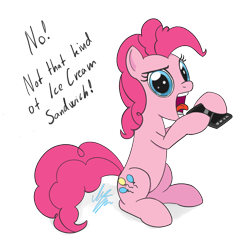 Size: 1050x1050 | Tagged: safe, artist:sameasusual, derpibooru import, pinkie pie, earth pony, pony, female, open mouth, phone, silly, silly pony, simple background, solo, transparent background