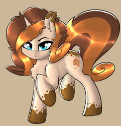 Size: 1521x1581 | Tagged: safe, artist:llametsul, derpibooru import, oc, oc only, oc:creme cookie, pony, unicorn, beige background, chest fluff, ear fluff, ears, female, frown, looking at you, mare, simple background, solo