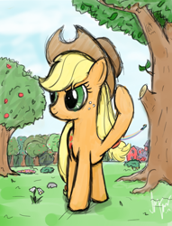 Size: 630x824 | Tagged: safe, artist:sameasusual, derpibooru import, applejack, rainbow dash, earth pony, pony, apple, apple tree, female, orchard, rainbow trail, solo focus, sweet apple acres, tree