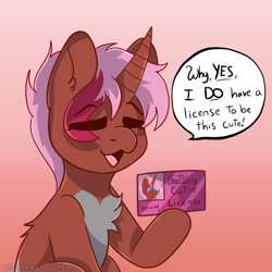 Size: 1790x1788 | Tagged: safe, alternate version, artist:bluemoon, derpibooru import, oc, oc only, oc:heartstring fiddler, pony, unicorn, chest fluff, commission, cute, horn, id card, license, speech bubble, text, unicorn oc, ych result