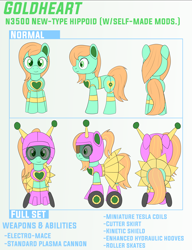 Size: 5000x6500 | Tagged: safe, artist:trackheadtherobopony, derpibooru import, oc, oc:goldheart, pony, robot, robot pony, bio in description, clothes, helmet, reference sheet, skates, skirt