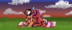 Size: 3439x1439 | Tagged: safe, artist:bluemoon, derpibooru import, oc, oc:heartstring fiddler, oc:zugatti, butterfly, pony, unicorn, horn, old art, old cutie mark, picnic blanket, sunset, unicorn oc