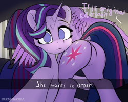 Size: 2560x2048 | Tagged: safe, alternate version, artist:darbedarmoc, derpibooru import, starlight glimmer, twilight sparkle, twilight sparkle (alicorn), alicorn, pony, unicorn, butt, butt touch, car, car interior, cutie mark, dialogue, featureless crotch, female, he wants to order, lesbian, looking at you, meme, plot, selfie, shipping, spread legs, spreading, tail, twibutt, twistarlight, two toned mane, two toned tail, wings