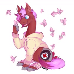 Size: 1300x1300 | Tagged: artist needed, safe, artist:moriiiimori, derpibooru import, oc, oc only, oc:heartstring fiddler, butterfly, pony, unicorn, bow, clothes, hoodie, horn, old art, old cutie mark, simple background, unicorn oc, white background