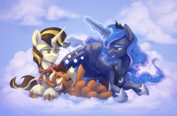 Size: 1500x988 | Tagged: safe, artist:jewellier, derpibooru import, part of a set, princess luna, oc, oc:wrench ironbolt, pony, unicorn, child, cloud, colt, dream, female, foal, happy, horn, male, mother and child, mother and son, parent and child, stars, unicorn oc