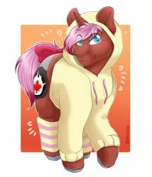 Size: 1751x2048 | Tagged: safe, artist:melpone, derpibooru import, oc, oc only, oc:heartstring fiddler, pony, unicorn, blushing, bow, clothes, hoodie, horn, old art, old cutie mark, unicorn oc