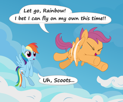 Size: 1918x1593 | Tagged: safe, artist:reconprobe, derpibooru import, rainbow dash, scootaloo, pegasus, pony, backwards cutie mark, cloud, eyes closed, flying, open mouth, open smile, scootaloo can fly, smiling, speech bubble