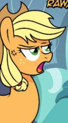 Size: 472x854 | Tagged: safe, artist:ladyanidraws, derpibooru import, edit, applejack, earth pony, pony, applejack is not amused, applejack's hat, bedroom, clothes, cowboy hat, cropped, cross-popping veins, dialogue, emanata, female, freckles, hat, mare, rainbow dash's bedroom, text, unamused