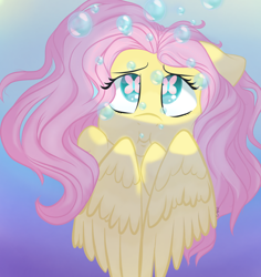 Size: 1280x1355 | Tagged: safe, artist:flutterbug18, derpibooru import, fluttershy, pegasus, pony, :i, air bubble, bubble, bust, cutie mark eyes, ears, female, floppy ears, flowing mane, full face view, gradient background, holding breath, mare, puffy cheeks, solo, stray strand, underwater, water, watershy, wingding eyes, wings