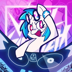 Size: 2048x2048 | Tagged: safe, artist:gobrosstar, derpibooru import, dj pon-3, vinyl scratch, pony, unicorn, headphones, open mouth, open smile, smiling, solo, sunglasses, turntable