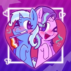 Size: 2048x2048 | Tagged: safe, artist:gobrosstar, derpibooru import, starlight glimmer, trixie, pony, unicorn, blushing, chest fluff, female, happy, heart, lesbian, mouth hold, one eye closed, open mouth, open smile, pride, pride flag, shipping, smiling, startrix, wink