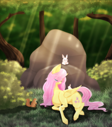 Size: 2500x2834 | Tagged: safe, artist:caramellatte2, derpibooru import, fluttershy, pegasus, pony, rabbit, squirrel, animal, bush, crepuscular rays, eye clipping through hair, eyes closed, female, folded wings, forest, grass, head turned, high res, lying down, mare, outdoors, prone, rock, solo, tree, wings