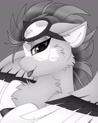 Size: 3277x4096 | Tagged: safe, artist:chromatic-sheen, derpibooru import, oc, oc only, oc:fast fire, pegasus, pony, cheek fluff, chest fluff, female, goggles, goggles on head, looking at you, mare, monochrome, pegasus oc, solo, spread wings, tongue, tongue out, wings