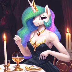 Size: 1024x1024 | Tagged: safe, derpibooru import, generator:stable diffusion, machine learning generated, princess celestia, alicorn, anthro, bare shoulders, candle, clothes, crown, dinner, dress, female, headwear, horn, jewelry, mare, necklace, regalia, sitting, sleeveless, smiling, solo