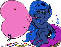 Size: 2425x1848 | Tagged: safe, artist:puffydearlysmith, derpibooru exclusive, derpibooru import, princess luna, alicorn, pony, balloon, beach ball, blowing up balloons, confetti, crown, ear fluff, ear piercing, earring, ears, ethereal mane, female, heart, heart balloon, inflating, jewelry, lidded eyes, looking at you, loonerluna, mare, piercing, regalia, simple background, starry mane, starry tail, tail, that pony sure does love balloons, transparent background