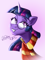 Size: 2675x3610 | Tagged: safe, artist:sonyager, artist:tyleks, derpibooru import, twilight sparkle, twilight sparkle (alicorn), alicorn, pony, collaboration, friendship is magic, clothes, glasses, gradient background, harry potter, harry potter (series), round glasses, scarf, smiling, solo, striped scarf