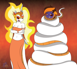 Size: 3375x3038 | Tagged: safe, artist:lunahazacookie, derpibooru import, daybreaker, princess luna, anthro, lamia, breasts, cleavage, clothes, coils, constriction, crossed arms, hypno eyes, lamiafied, male, mane of fire, species swap, sweat