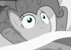 Size: 907x646 | Tagged: safe, edit, edited screencap, screencap, pinkie pie, earth pony, rock solid friendship, bed, footed sleeper, grayscale, monochrome, pajamas, partial color, solo, wide eyes