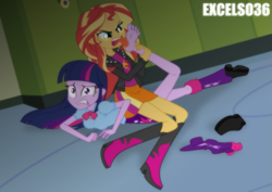 Size: 935x661 | Tagged: safe, artist:excelso36, sunset shimmer, twilight sparkle, human, equestria girls, angry, barefoot, clothes, concerned, discarded clothing, feet, female, fetish, foot fetish, foot worship, gym shorts, lesbian, licking, licking foot, reference, shipping, socks, spongebob reference, spongebob squarepants, the fry cook games, tongue, tongue out, wrestling