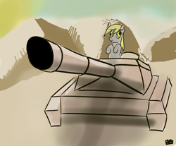 Size: 1280x1060 | Tagged: safe, artist:boxybrown, ponerpics import, derpy hooves, pegasus, desert, tank (vehicle)