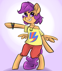 Size: 871x1000 | Tagged: safe, artist:smirk, derpibooru import, scootaloo, semi-anthro, bracelet, braces, clothes, colored sketch, jewelry, necklace, solo, teenager