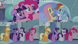 Size: 4400x2475 | Tagged: safe, derpibooru import, edit, edited screencap, editor:quoterific, screencap, applejack, fluttershy, pinkie pie, rainbow dash, rarity, tank, twilight sparkle, tanks for the memories, mane six