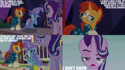 Size: 4400x2475 | Tagged: safe, derpibooru import, edit, edited screencap, editor:quoterific, screencap, starlight glimmer, sunburst, trixie, unicorn, uncommon bond, butt, glimmer glutes