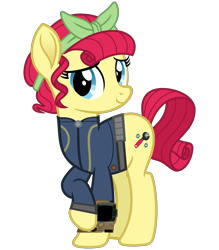 Size: 2800x3200 | Tagged: safe, artist:ponygamer2020, derpibooru import, torque wrench, earth pony, pony, fallout equestria, rainbow roadtrip, atorqueable, bandana, clothes, cute, fallout, female, high res, jumpsuit, looking at you, mare, overalls, pipboy, raised hoof, raised leg, shy, shy smile, simple background, smiling, smiling at you, solo, transparent background, vault suit, vector