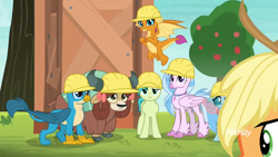 Size: 1248x702 | Tagged: safe, derpibooru import, screencap, applejack, gallus, ocellus, sandbar, silverstream, smolder, yona, changedling, changeling, classical hippogriff, dragon, earth pony, griffon, hippogriff, pony, yak, clothes, cloven hooves, colored hooves, hard hat, hat, jewelry, necklace, offscreen character, student six