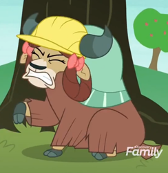 Size: 682x700 | Tagged: safe, derpibooru import, screencap, yona, yak, non-compete clause, bow, clothes, cloven hooves, cropped, eyes closed, gritted teeth, hair bow, hard hat, hat, monkey swings, out of context, solo, teeth