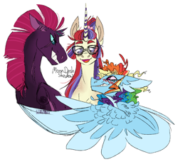 Size: 1100x1000 | Tagged: safe, artist:eqq_scremble, derpibooru exclusive, derpibooru import, moondancer, rainbow dash, tempest shadow, pegasus, unicorn, broken horn, bust, crack shipping, female, glasses, horn, lesbian, polyamory, portrait, scar, shipping, simple background, smiling, smirk, trio, white background