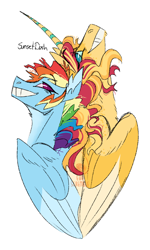 Size: 600x1000 | Tagged: safe, artist:eqq_scremble, derpibooru exclusive, derpibooru import, rainbow dash, sunset shimmer, alicorn, pegasus, alicornified, alternate design, back to back, bust, crack shipping, duo, female, lesbian, portrait, race swap, shimmercorn, shipping, short hair, simple background, smiling, sunsetdash, white background