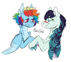 Size: 800x700 | Tagged: safe, artist:eqq_scremble, derpibooru exclusive, derpibooru import, coloratura, rainbow dash, earth pony, pegasus, blushing, bust, colored hooves, crack shipping, duo, female, heart, heart eyes, hoofsies, lesbian, portrait, raradash, shipping, short hair, simple background, smiling, tattoo, white background, wingding eyes