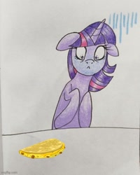 Size: 500x626 | Tagged: safe, artist:mintytreble, derpibooru import, edit, twilight sparkle, unicorn twilight, pony, unicorn, ears, floppy ears, food, meme, quesadilla, solo, they're just so cheesy, traditional art