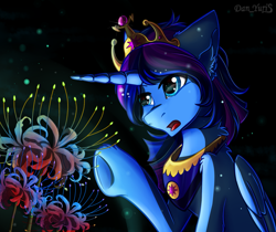 Size: 1889x1583 | Tagged: safe, artist:yuris, derpibooru import, blossom, oc, oc only, alicorn, pony, black background, blue skin, commission, crown, jewelry, male, open mouth, regalia, simple background, solo, ych result
