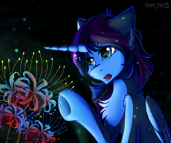 Size: 1889x1583 | Tagged: safe, artist:yuris, derpibooru import, blossom, oc, oc only, alicorn, pony, black background, blue skin, chest fluff, commission, male, open mouth, simple background, solo, ych result