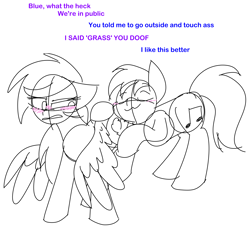 Size: 4300x3900 | Tagged: safe, artist:feather_bloom, derpibooru import, oc, oc only, oc:blue_skies, oc:feather_bloom, butt, butt touch, butthug, couple, dialogue, funny, hug, plot, simple background, vulgar, white background