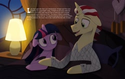 Size: 4096x2602 | Tagged: safe, artist:bearmation, derpibooru import, flim, twilight sparkle, unicorn twilight, pony, unicorn, alternate universe, bed, clothes, crack shipping, ears, female, floppy ears, golden oaks library, in bed, looking at each other, looking at someone, male, mare, pajamas, shipping, stallion, story included, straight, text, twiflim