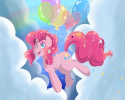 Size: 2000x1600 | Tagged: safe, artist:phoenixfox96, derpibooru import, pinkie pie, earth pony, pony, balloon, candy, cloud, female, floating, food, lollipop, mare, rainbow, solo, then watch her balloons lift her up to the sky