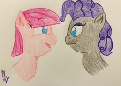 Size: 4032x2850 | Tagged: safe, artist:jesslmc16, derpibooru import, maud pie, pinkie pie, earth pony, pony, alternate hairstyle, colored pencil drawing, drawing, head only, looking at each other, looking at someone, mane swap, maudie pie, pinkamena diane pie, traditional art
