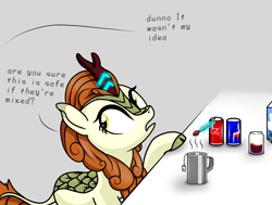 Size: 1750x1320 | Tagged: safe, artist:theuser, derpibooru import, autumn blaze, kirin, coffee, female, heresy, levitation, magic, milk, pepsi, soda, soda can, telekinesis