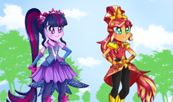 Size: 2263x1339 | Tagged: safe, artist:vixelzf, derpibooru import, sci-twi, sunset shimmer, twilight sparkle, equestria girls, legend of everfree, boots, clothes, colored pupils, commission, crystal guardian, duo, female, high heel boots, ponied up, shoes